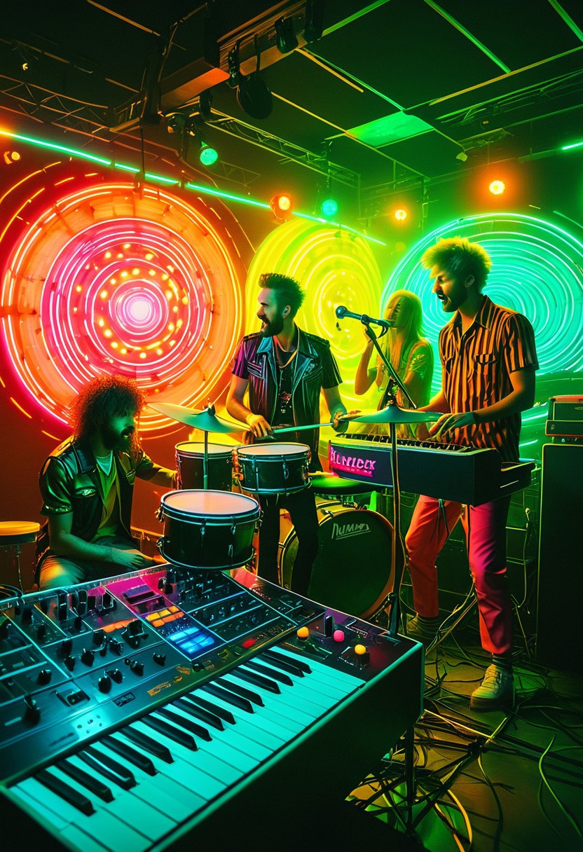 Documentary photograph, magical fantasy watermelon punk electro-pop synth trio band on microphone synthesizer and drum kit, performing at the freakomonko, the craziest freakout rundown neon disco on the planet Fruitland, l1970s Tropicalia science fiction retrofuturism, cinematic light, high detail, beautiful, surreal, dramatic, warm colors<lora:Dreamyvibes artstyle SDXL - trigger with Dreamyvibes artstyle:1> Dreamyvibes Artstyle