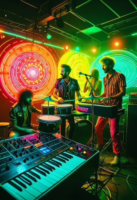 Documentary photograph, magical fantasy watermelon punk electro-pop synth trio band on microphone synthesizer and drum kit, performing at the freakomonko, the craziest freakout rundown neon disco on the planet Fruitland, l1970s Tropicalia science fiction retrofuturism, cinematic light, high detail, beautiful, surreal, dramatic, warm colors<lora:Dreamyvibes artstyle SDXL - trigger with Dreamyvibes artstyle:1> Dreamyvibes Artstyle