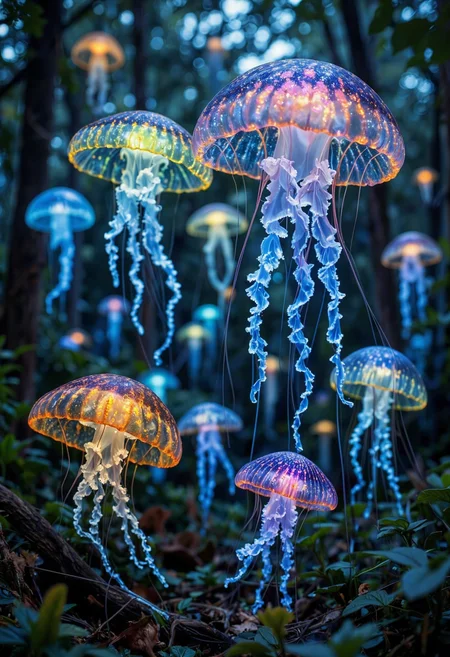 A massive forest of towering jellyfish, their bodies glowing in various shades of blue, green, and purple, floating high above the ground among ancient trees.<lora:Flux.1_Turbo_Detailer.safetensors:0.7000000000000001:0.7000000000000001> <lora:Translucent_Colored_Glass_v02.safetensors:0.2:0.2>