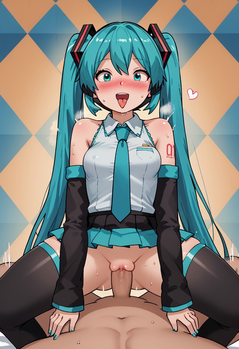 score_4,score_5,score_6,score_7_up,score_8_up,score_9 ((masterpiece,best quality,ultra detailed,highres,HD,4k:1.2)), 
Colorful background,
1 girl,1boy,hetero,pov,solo forcus,girl forcus, perfect penis,perfect nipples,perfect pussy, nsfw,Expressive,sex,straddling,cawgirl,cawgirl sex, blush,smile,open mouth,
 hatsune miku,absurdly long hair,aqua hair,twintails,hair ornament,sidelocks,hair between eyes,parted bangs, white shirt,collared shirt,bare shoulders,sleeveless shirt,aqua necktie,detached sleeves,black sleeves,shoulder tattoo,fringe,black thighhighs,miniskirt,pleated skirt,zettai ryouiki,thigh boots,
((open mouth,Sticking out tongue,blush,arousal, orgasmic arousal, sweat, steam,heart,heart effect)) ((motion blur, motion lines:1.2))