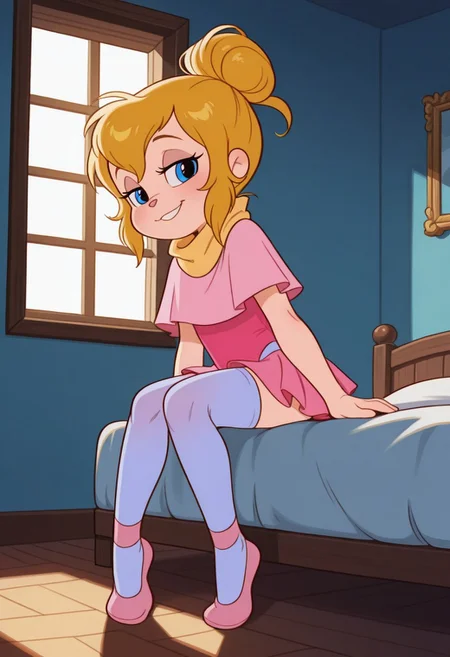 score_9,score_8_up,score_7_up,score_6_up,best quality,masterpiece, 
background is bedroom, sunny day, window, bed, light blue wallpaper,
((cinematic lighting)), (shading),
BREAK
1girl, solo, Perfect Body, (Perfect Anatomy:1.0),  (young), ((cute)), (short), FChipettesF, FchipmunkblondeF, blonde, blue eyes,
Hot Pink Leotard, Pink Skirt, Light Pink Tiered Capelet, Light Blue Stockings, Hot Pink Ballet Flats, Yellow Scarf, 
sitting on bed, looking at viewer, coy smile, seductive, teasing, flirting,