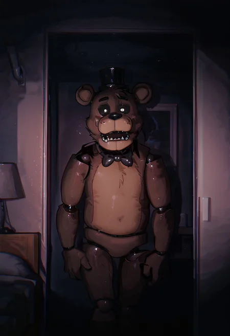 masterpiece, best quality, amazing quality, very aesthetic, absurdres, newest, detailed background,
cartoon, screencap,
freddyit, 1boy, black mini top hat, black bowtie, bear ears, joints, animatronic,
horror, black sclera, white pupils, small pupils, in bedroom, dark room, night time, no lights, vignetting contrast, high contrast, dark bedroom, flashlightbeamILL, dark area, flashlight beam on subject,