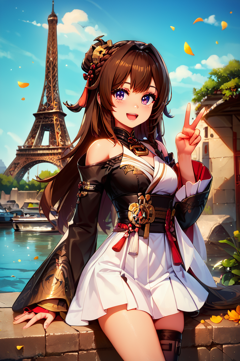 score_9, score_8_up, score_8, medium breasts, (curvy), cute, eyelashes,       BREAK, , zzHanYouyou, brown hair, looking at viewer, smile, open mouth, skirt, hair ornament, thighhighs, long sleeves, bare shoulders, braid, :d, cowboy shot, black thighhighs, wide sleeves, blurry, hand on hip, v, blurry background, white skirt, single thighhigh,  <lora:AzurPromiliaPDXL:0.8>, , BREAK,  zzEiffelTower in background, sitting, watercraft, boat, sitting on wall, side view, looking at viewer, smile,  BREAK, blooming stars, luminescent petals, otherworldly fragrance blurry background, embedding:zPDXL, Expressiveh, <lora:EiffelTowerPDXL:1.0>,  <lora:CatalystStylePDXL:0.6>,  <lora:SDXLFaeTastic2400:0.5>,  <lora:Expressive_H-000001:0.4>,