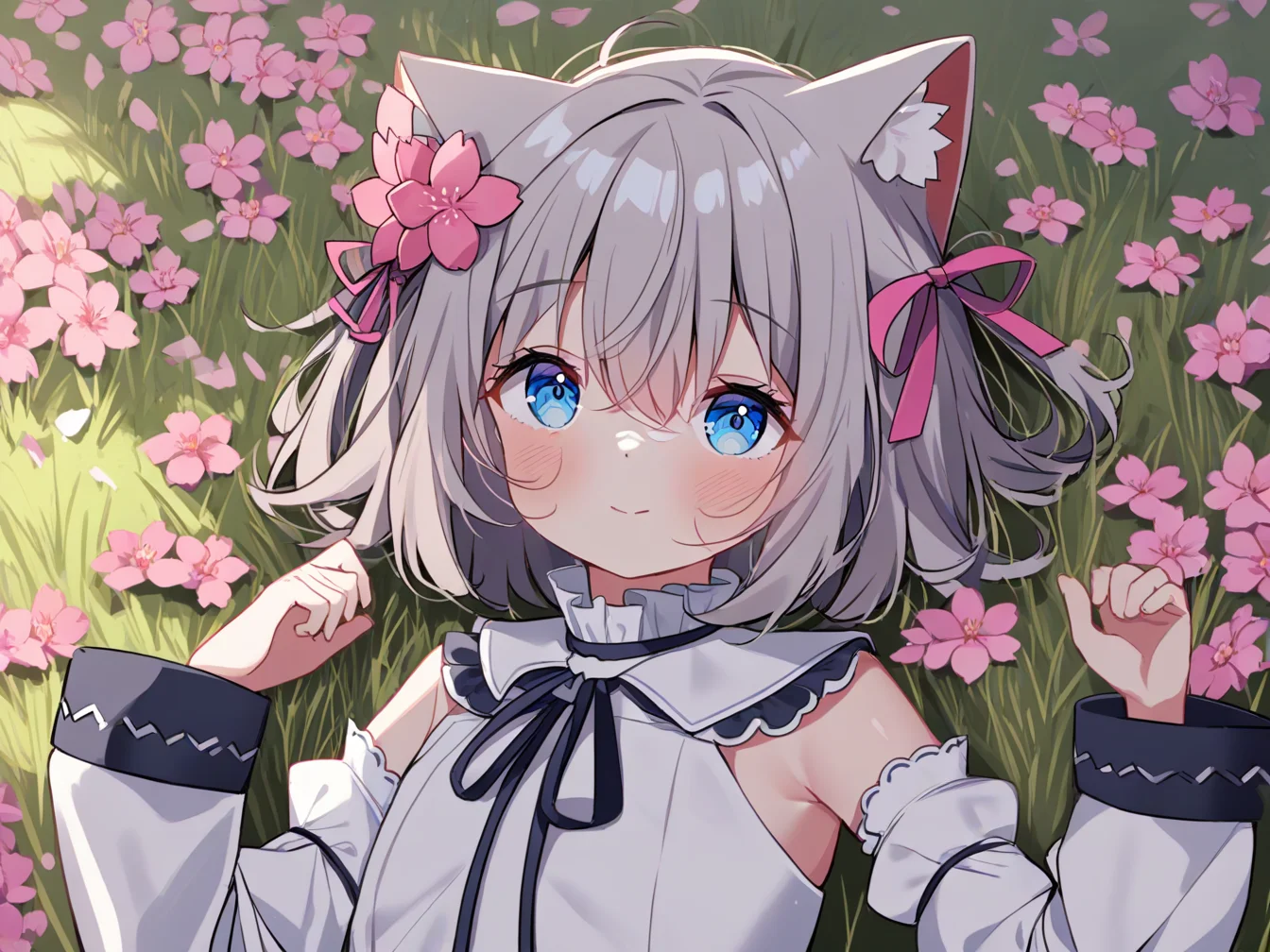 1girl,solo,cherry blossoms,hair flower,pink flower,hair ribbon,cat ears,animal ear fluff,blue eyes,grey hair,short hair,bangs,hair between eyes,eyebrows visible through hair,blush,closed mouth,light smile,neck ribbon,white dress,crease,frilled_collar,detached_sleeves,flat chest,
lying,hand up,
outdoors,landscape,grass,flower,
from above,upper body,
<lora:deyui_4-000032>,