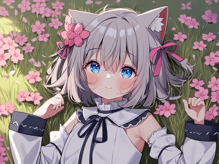 1girl,solo,cherry blossoms,hair flower,pink flower,hair ribbon,cat ears,animal ear fluff,blue eyes,grey hair,short hair,bangs,hair between eyes,eyebrows visible through hair,blush,closed mouth,light smile,neck ribbon,white dress,crease,frilled_collar,detached_sleeves,flat chest,
lying,hand up,
outdoors,landscape,grass,flower,
from above,upper body,
<lora:deyui_4-000032>,