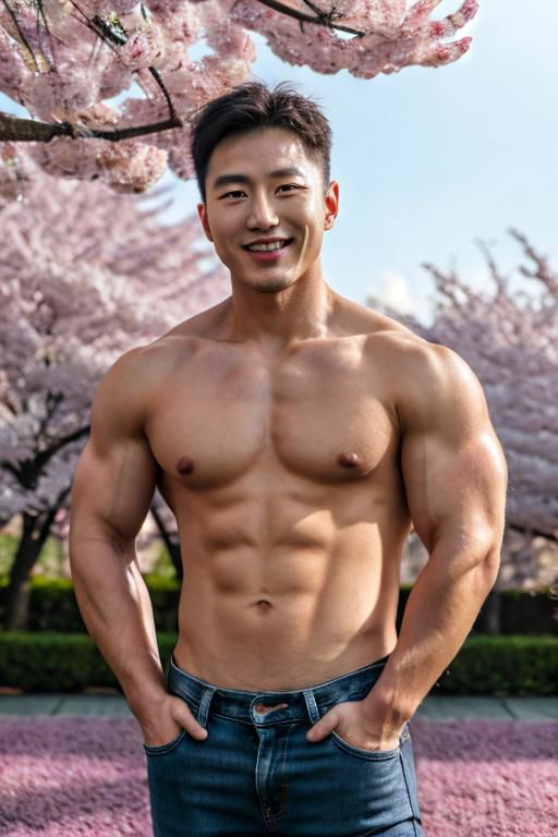 4k official art, unity 8k wallpaper, ultra detailed, beautiful and aesthetic, ultra realistic, masterpiece, best quality, Korean man posing in a cherry blossom garden, bodybuilder natural smiling face, medium shot, (superflat lighting:1.4), light behind the camera, shirtless, wearing black jeans, lower perspective, tending hand to viewer