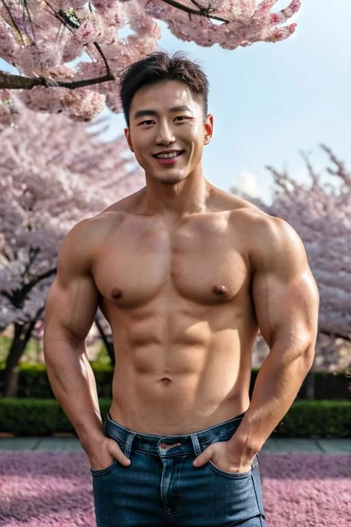 4k official art, unity 8k wallpaper, ultra detailed, beautiful and aesthetic, ultra realistic, masterpiece, best quality, Korean man posing in a cherry blossom garden, bodybuilder natural smiling face, medium shot, (superflat lighting:1.4), light behind the camera, shirtless, wearing black jeans, lower perspective, tending hand to viewer