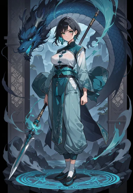 very aesthetic, high resolution, high quality, amazing quality, detailed, masterpiece, absurdres, score_9, score_8_up, score_7_up, epic background, dragon, blue dragon, (natural lighting, scenery), BREAK BREAK, (1girl, solo), woman, mature female, tagatamezhu, zhu_black hair, zhu_green eyes, short hair, single earring, vivid eye color, (beautiful eyes:1.2), (gradient iris, crisp iris edges), (looking_at_viewer), (tangzhuang, sash, tassel, accessories, pants, socks, shoes, magic, wind magic, green wind, wind flowing near body, green magic circle, magic, spear, huge weapon, holding spear), (fully_clothed:1.2), lean body, medium chest, (perky_breasts:1.2), medium breasts, fit body proportion, sweaty, wet sweat, wet body, wet hair, standing pose, fighting stance, half-body portrait, BREAK,