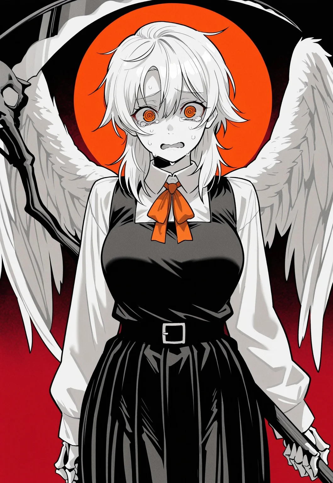 
 limited palette, masterpiece, best quality, amazing quality, very aesthetic, film grain, looking at viewer, 1girl, red eyes, orange eyes, @ @, crying, hair between eyes, white medium hair, school uniform, pinafore dress, white shirt, breasts, angel wings, holding scythe, skeleton hands. multicolored background,