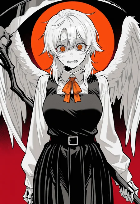 
 limited palette, masterpiece, best quality, amazing quality, very aesthetic, film grain, looking at viewer, 1girl, red eyes, orange eyes, @ @, crying, hair between eyes, white medium hair, school uniform, pinafore dress, white shirt, breasts, angel wings, holding scythe, skeleton hands. multicolored background,