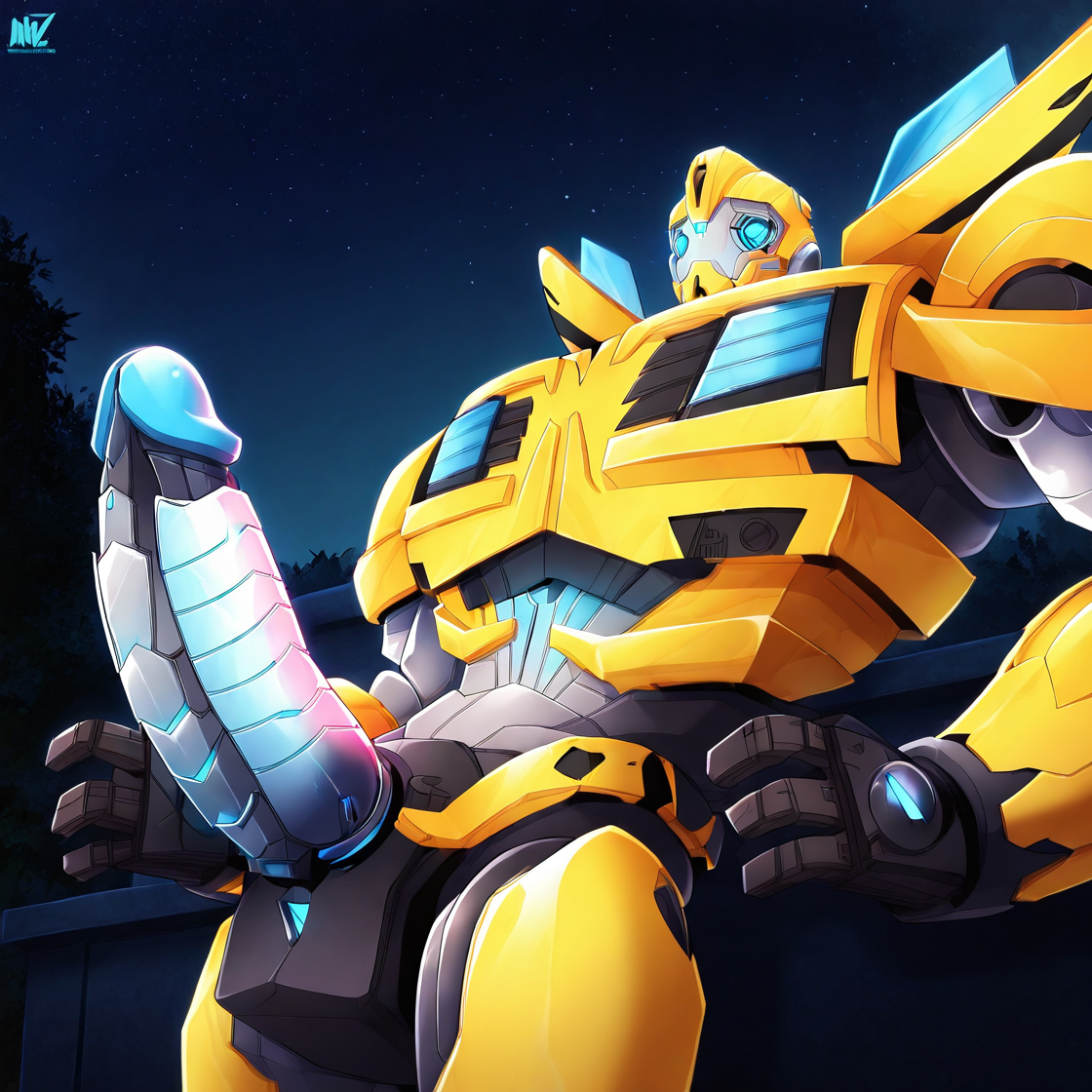 <lora:Bee:1> bee, robot, blue eyes, mecha, solo, 1boy, huge neon penis, shrugging, masterpiece, absurdres, dark, night sky, view from below, shiny