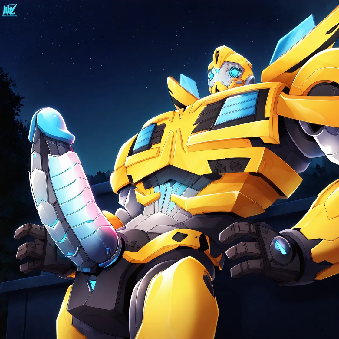 <lora:Bee:1> bee, robot, blue eyes, mecha, solo, 1boy, huge neon penis, shrugging, masterpiece, absurdres, dark, night sky, view from below, shiny