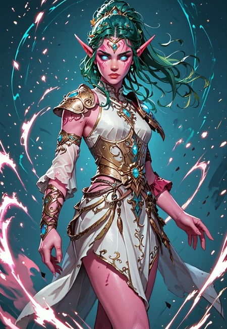 ((zPDXL3)), ((masterpiece,best quality, highly detailed)), ((score_9)), score_8_up, score_7_up, score_6_up, score_5_up, score_4_up, Digital painting style, brushstrokes, ((EnhanceImage)), solo, 1girl, TyrandeWoWXL, pink skin, colored skin, blue eyes, glowing eyes, green hair, long hair, hair ornament, ponytail, forehead ornament, long eyebrows, long pointy ears, medium breasts, armor, jewelry, detached sleeves, single sleeve, single shoulder armor, white dress, single armlet, single guantlet, armored footwear, toeless footweear,
Expressiveh, 30yo, adult lustful confident woman, petite, slender body, perky saggy natural breasts, full lips, bangs, sidelocks, straps,
chinese magical sorceress, animated, swirling magic, wisps of magic, dancing pose, tight squeezed outfit, magical accessories, evoking motion, conveying motion, dynamic splash art,
<lora:PainterlyFantasiaPDXL:0.6>,