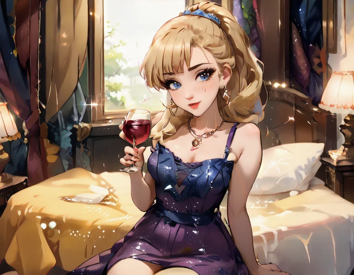 score_9_up, score_9, score_8_up, score_7_up, rating_explicit, 1girl, sexy 18 year old female, tight butt, short, small breasts, petite body, g0thicPXL, bedroom, elegant purple dress, holding a glass of wine, glass of burgundy wine, sipping on wine, jewelry, eyeshadow, mascara, lipstick, blushing, sitting, legs crossed, Jougasaki Rika, Blonde hair, Blue eyes, Long hair, Fair skin, Stylish clothing, Necklace, Earrings, Mature appearance, Confident expression, Manicured nails, jgskrk,