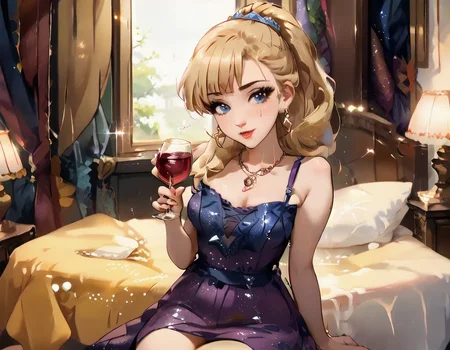 score_9_up, score_9, score_8_up, score_7_up, rating_explicit, 1girl, sexy 18 year old female, tight butt, short, small breasts, petite body, g0thicPXL, bedroom, elegant purple dress, holding a glass of wine, glass of burgundy wine, sipping on wine, jewelry, eyeshadow, mascara, lipstick, blushing, sitting, legs crossed, Jougasaki Rika, Blonde hair, Blue eyes, Long hair, Fair skin, Stylish clothing, Necklace, Earrings, Mature appearance, Confident expression, Manicured nails, jgskrk,