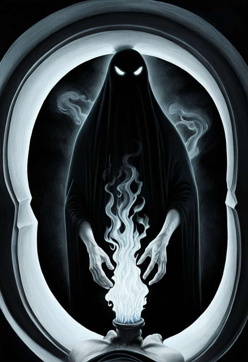 Surrealism, Highly Detailed, An extreme close-up view capturing a mesmerizing dark fantasy setting. In true animated style, grotesque humanoid evil spectre's materialize from an aura combining black smoke and white flames. They appear to be emerging from a grim energy portal, presumably a gateway to another dimension. The spectral entities seem to rush towards the viewer, capturing both the terror and intrigue of this moment, drawn by brett breeding <lora:PornMaster-Fantasy style-V1:0.7>