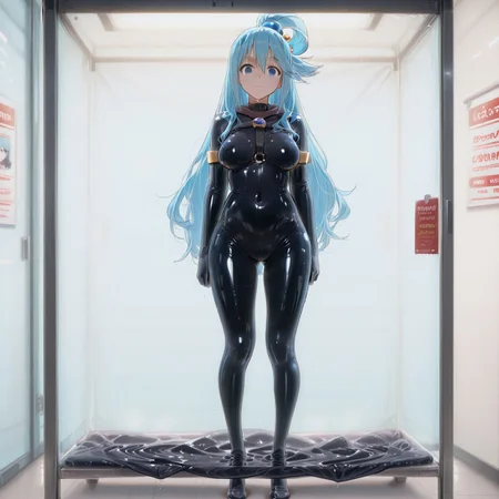 (anime screencap, best quality, absurd res, ultra detailed, anime outlines, screencap, detailed background, perfect face, detailed face, perfect lighting, perfect eyes, detailed eyes, nsfw, uncensored, official style),
(full body), (standing, lvdll, love_doll, (price tag:1.5), price list, glass, glass panel, indoors, full body, in container, shop, expressionless, empty eyes, on display), ((full body latex, latex suit, no shoes)), source_anime, ((from front)), detailed hair, detailed skin, medium breast, 2d, detailed body, score_9, score_8_up, score_7_up, score_6_up, (masterpiece, highly detailed, best quality, clear line), ((1girl, solo)),
Aqua_(Konosuba), blue_eyes, blue_hair, very_long_hair, single_hair_ring, medium_breasts, hair_ornament, anime screenshot, ((shiny skin, empty eyes)), AddXL, light blue background, ((wide eyes, smile, eye_focus))