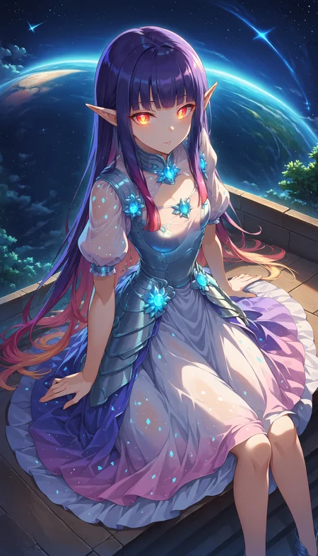 score 9, 1girl, girl knight, beautiful detailed eyes, glowing eyes, blunt bangs, gradient hair, pointy ears, [pearl:opal:0.5] armor, armored dress, 
space, scenery, outdoors, wariza, sitting, from above, looking at viewer,
detailed Illustration, official artwork, wallpaper, official art, night, dappled moonlight,
<lora:bioluminescent_dress-PD-1.0-full:0.4> bioluminescent dress,
<lora:detailed_backgrounds_v2:0.4>
<lora:IOS_Iridescent_opal_style:0.4>
<lora:absurdres_quality:0.4> masterpeice, best quality, very aesthetic, absurdres