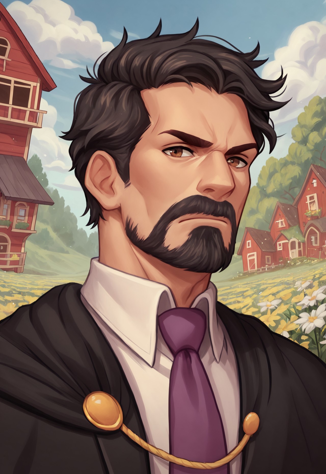 score_9, score_8_up, Matheo, mature male, greying black hair, short hair, brown eyes, facial hair, beard, cape, black jacket, white shirt, purple necktie, detailed background, dynamic pose, looking at viewer, serious, cottage, outdoors, flowers, blue sky, clouds, portrait, dutch angle,