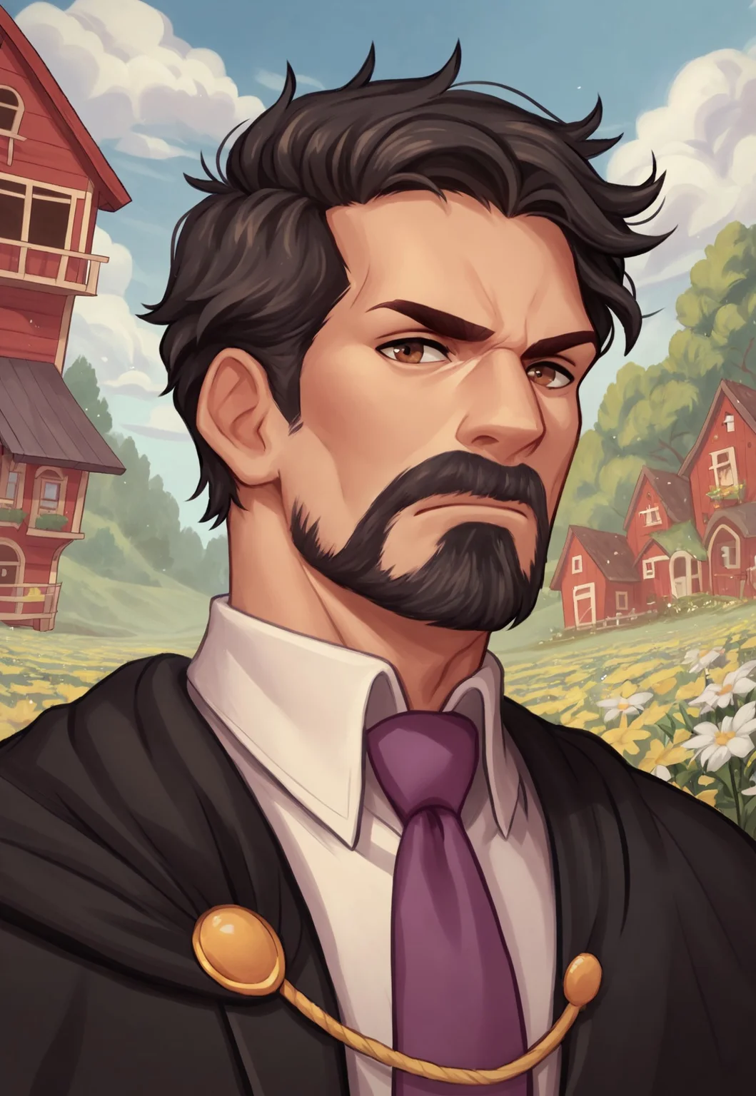 score_9, score_8_up, Matheo, mature male, greying black hair, short hair, brown eyes, facial hair, beard, cape, black jacket, white shirt, purple necktie, detailed background, dynamic pose, looking at viewer, serious, cottage, outdoors, flowers, blue sky, clouds, portrait, dutch angle,