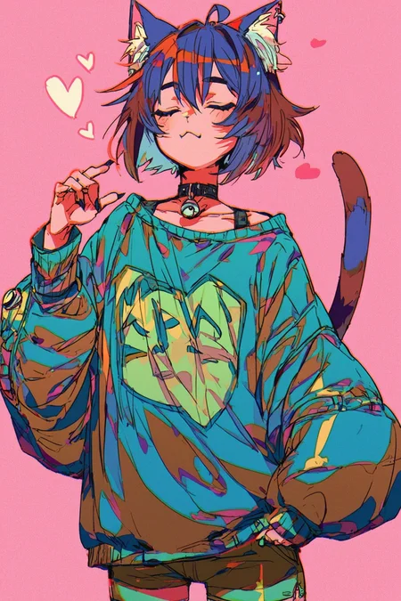 score_9, score_8_up, score_7_up, 1girl, cat ears, cat tail, goth, cat girl, solo, solo focus, cowboy shot, pink background, Posing with one hand on the heart, eyes closed., <lora:mizucx2:1>