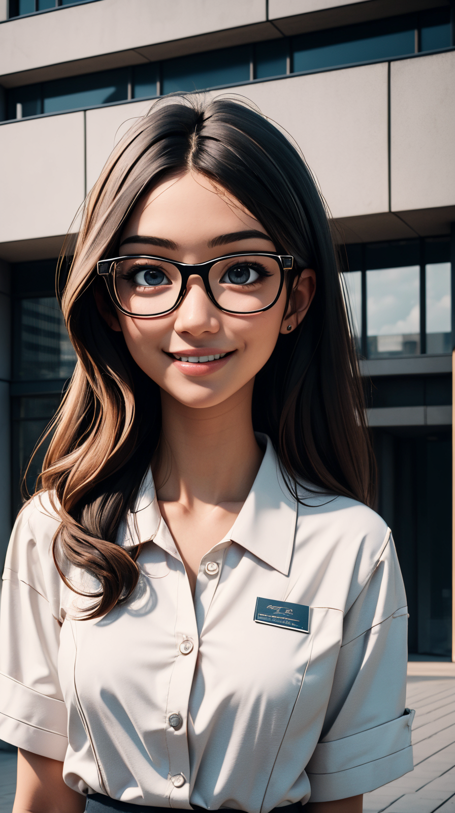 masterpiece, high detailed, high quality, portrait of 1girl in work clothing, upper body, detailed face, glasses, smiling,  in front of empty modern building scene,  <lora:ToonModernBuilding:0.8>