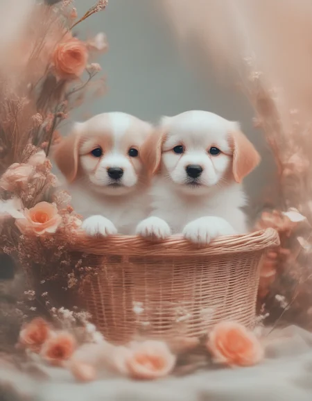 <lora:101_novuschroma_1:1> cute puppies in a basket with flowers novuschroma style