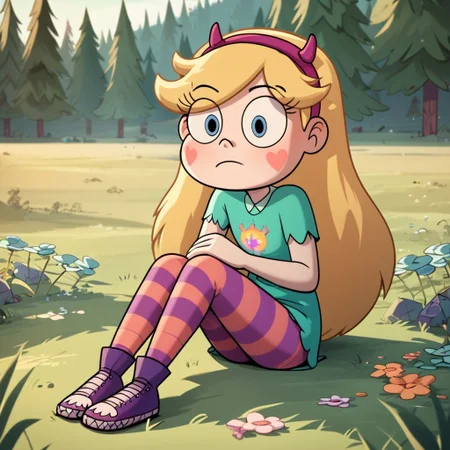 score_9, score_8_up, score_7_up, score_6_up, score_5_up, score_4_up, rating_questionable, 1girl, StarB, sitting in the grass, striped leggings