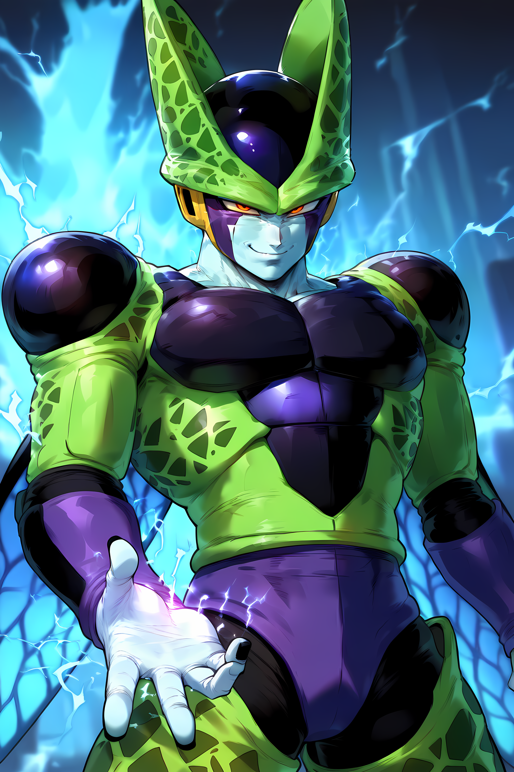 1male, Perfect Cell, dragon ball, energy, thunder, blue energy blast, arrogant face, smug, floox, masterpiece, best quality, good quality, newest, very aesthetic, absurdres