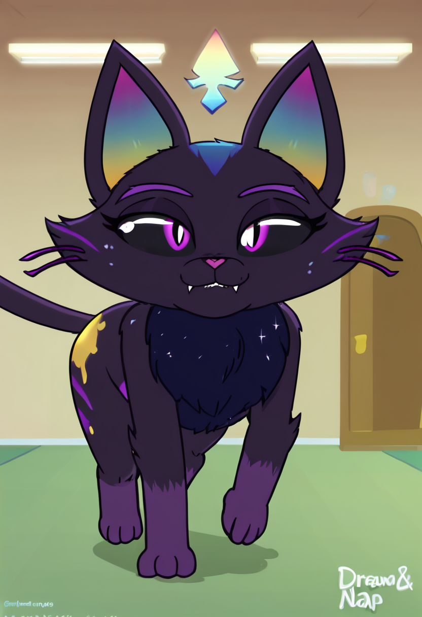 score_9_up, score_8_up, sfw, furry, feral female, felid, tortoiseshell cat, solo, multicolor fur, black sclera, purple pupils, starry fur, galaxy fur, facing viewer, all fours, walking away, tail swirl, show_accurate, screencap, interior, kawaii, art by draw&nap, DrawAndNap