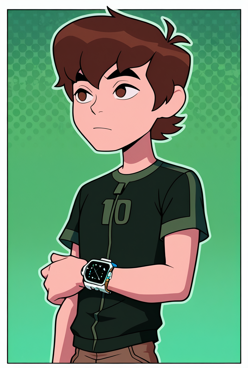<lora:benov-07:1> benov, short hair, brown hair, 1boy, solo, black green shirt, brown cargo pants, , short sleeves, thick eyebrows, square smart watch,, masterpiece, best quality, amazing quality, very aesthetic, absurdres, newest,, upper body, halftone effect, white borders, abstract background:1.2,