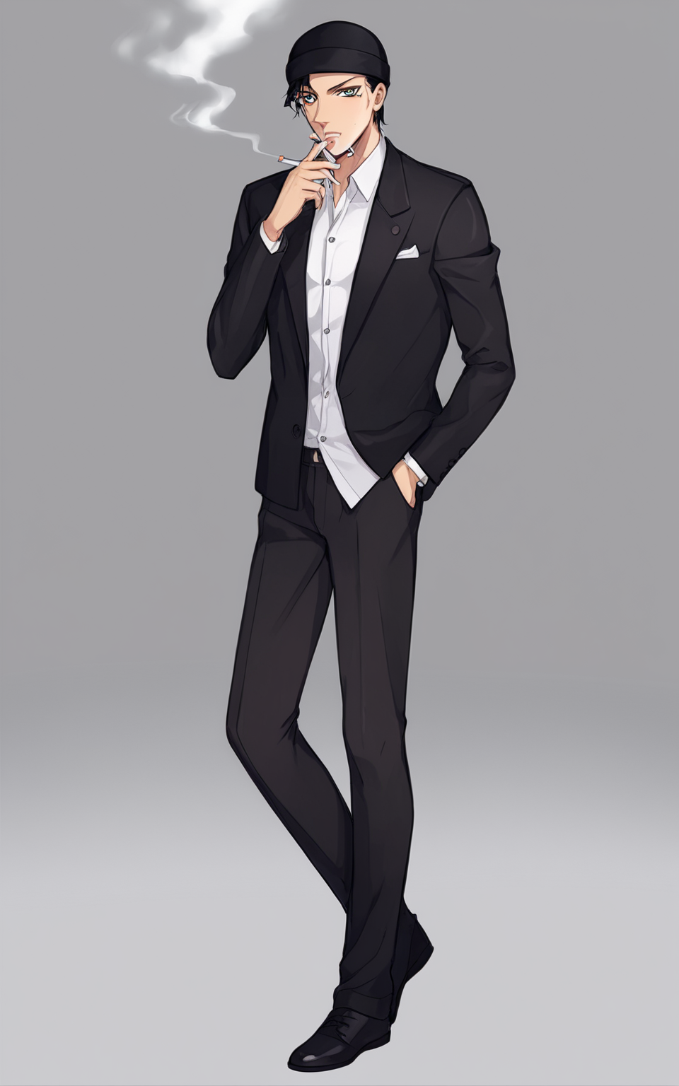 8k, best quality, masterpiece, (ultra-detailed), (high detailed skin), 
(full body:1.25), (white background:1.4), (simple background), standing, looking at viewer, (solo:1.2), 
<lora:cjxy-neta-Tanger-000014:0.8>, cjxy, solo, 1boy, male focus, detailed eyes, black headwear, black hair, 
cigarette, black hair, jacket, smoking, shirt, shoes,