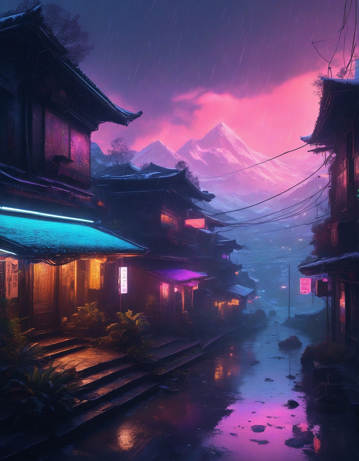 Cyberpunk: (neon lights), (rain-soaked streets), (holographic UI elements), (futuristic decay) :cite[6],
sonic geography where landscapes are sound fossils,
Himalayan valley with terraced farms,
Scattered showers Weather,
a mystical cloudscape, with swirling mists, vibrant rainbows, and an ethereal atmosphere that feels otherworldly,
Pre-dawn twilight with lingering stars,
Winter pine forests under snow,
<lora:add-detail-xl:0.7>,
<lora:DetailMaximizer:0.3>,
<lora:brho:0.15> brho,
<lora:Deep_depth_of_field:0.3>,
<lora:extremely_detailed:0.8> extremely detailed,