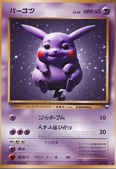 (psyc), detailed, pkmn, score_9, score_8_up, score_7_up, photo, absurdres, textbox, pkmkard, Futanari version of Pikachu, purple skin, smile, floating, arms spread out, elec
