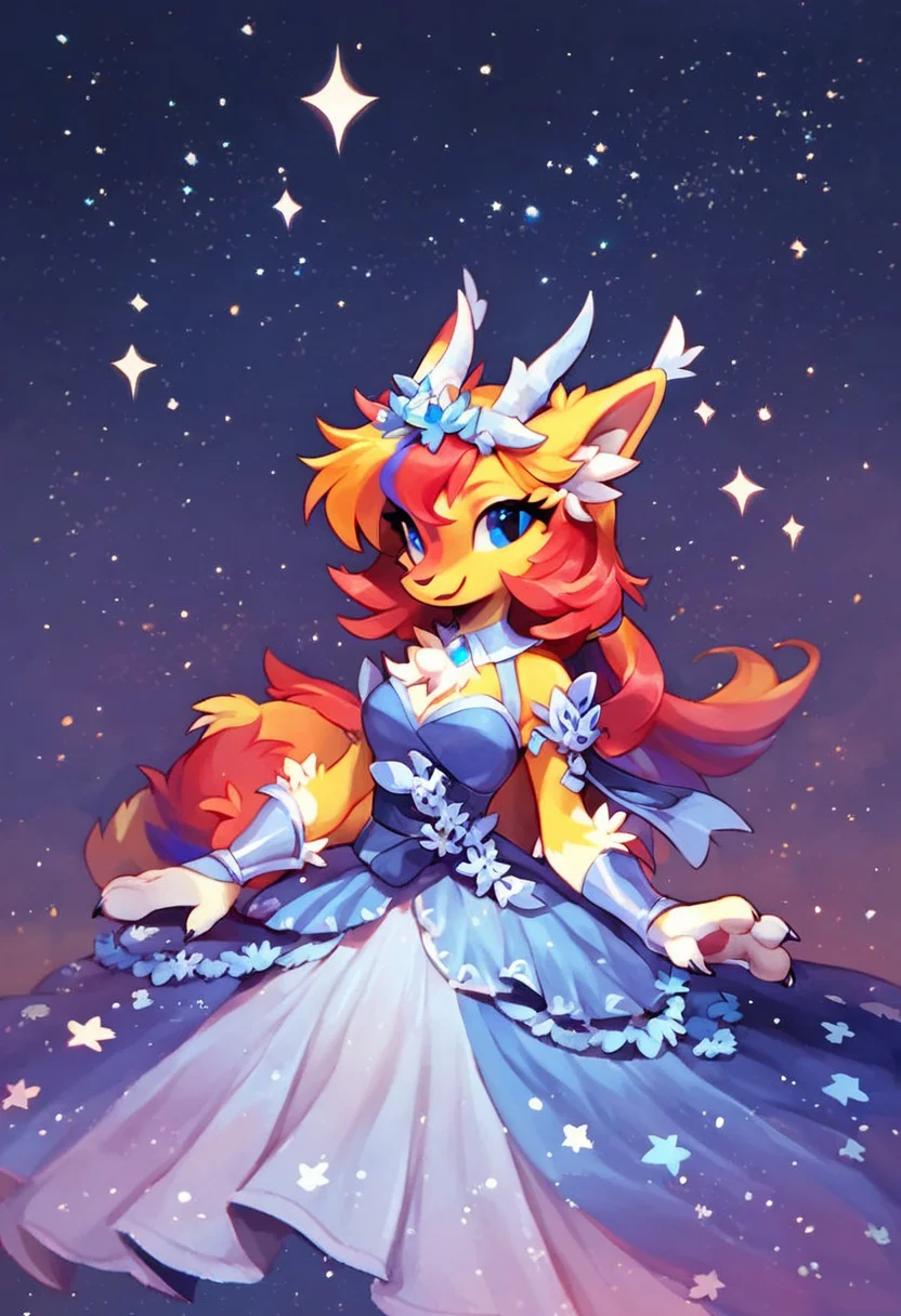 8k, score_9, score_8, score_7, hybrid fox dragon, with lovely two-tone hair on her head, her hair goes down to her middle back, fur with markings, as well as beautiful eyes, solo focus, warrior princess, in knightly dress, scenic backdrop starry sky at night