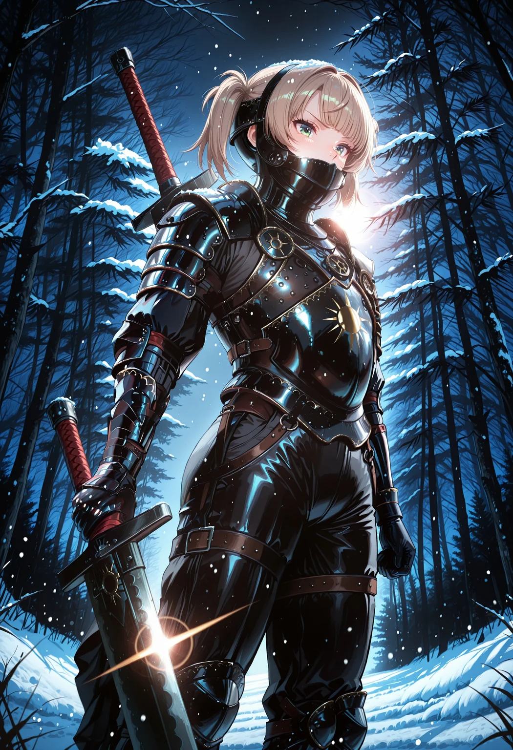 1rregular_b0, hyperdetailed_bg, (realistic_bg:1.4, su22eal_bg:1.2), (full_bg:1.4), (outdoors, winter_theme:1,2, winter forest), night, frost, snow, torchlight, lens flare, bokeh, character focus, (detailed background),
(1girl, solo, standing, in forest, wielding big sword, sword on shoulder), ((Shigure_Ui:1.2), flat chest,short hair,light brown hair,twintails,hair intakes,bangs,green eyes, glavakolhoza_nilfgaard, knight, boob armor, armored boobs, black armor, small golden sun symbol on chest, without a helmet, (full armor:1.2)), ((great anatomy, correct anatomy, akariL)),
close-up view, from_below, acute angle,
((masterpiece, absurdres, newest, best quality, visual impact, very aesthetic, perfect quality, absolutely eye-catching)), 4K, detailed facial features, detailed clothing features, detailed texture