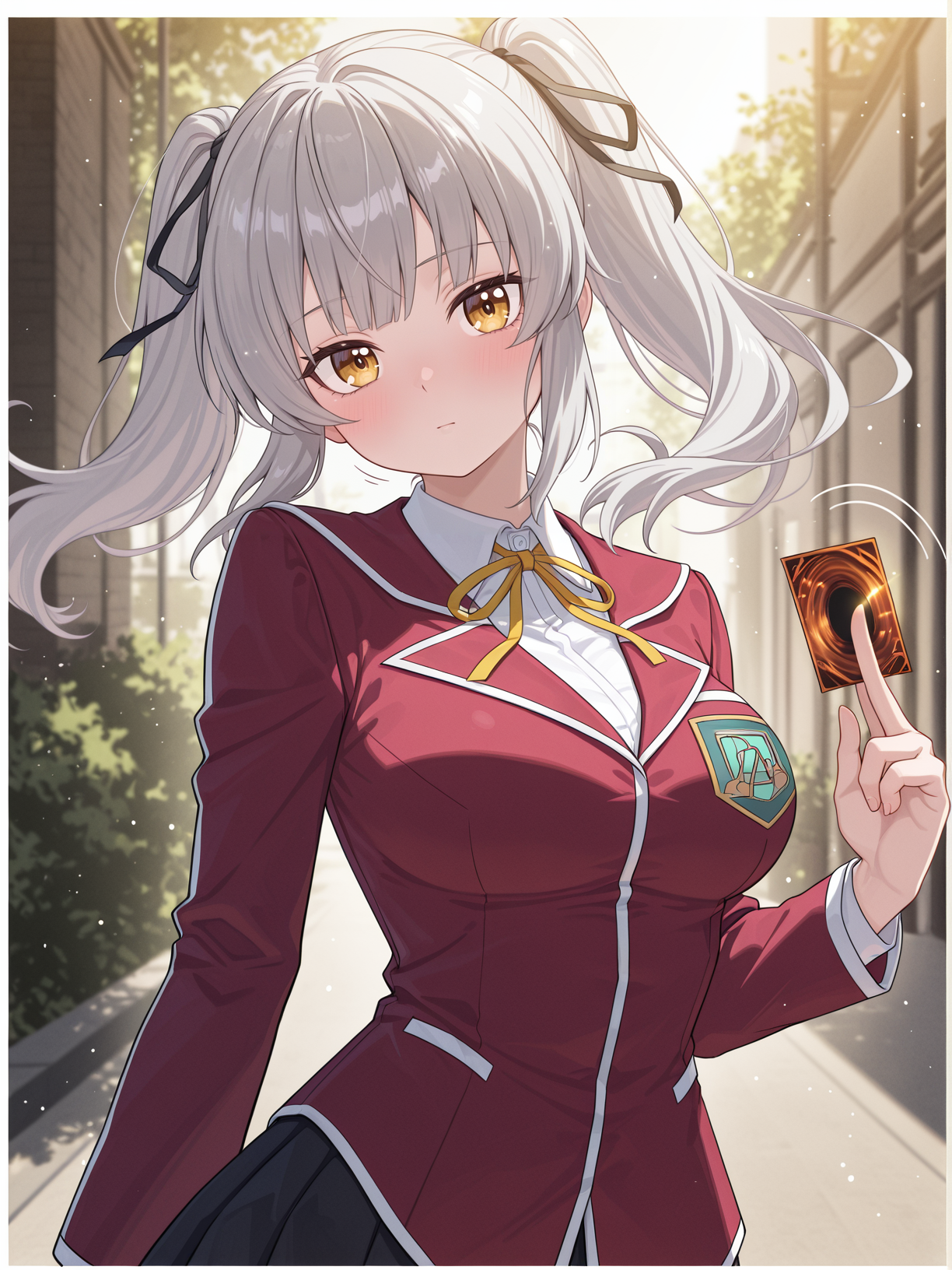 rein megumi,1girl,card \(yu-gi-oh!\),solo,floating hair,holding card,upper body,looking at viewer,large breasts,closed mouth,black hair ribbon,graphite \(medium\),motion lines,white border,duel academy uniform \(yu-gi-oh! 5d's\),yellow neck ribbon,red blazer,white collared shirt,leaning to the side,black miniskirt,
masterpiece,best quality,amazing quality,very aesthetic,absurdres,newest,scenery,extreme detail,8k,light particles,soft lighting,volumetric lighting,intricate details,finely detailed,detailed eyes,<lora:Rain Megumi & Jackal Misaki illusXL v1:0.77>,