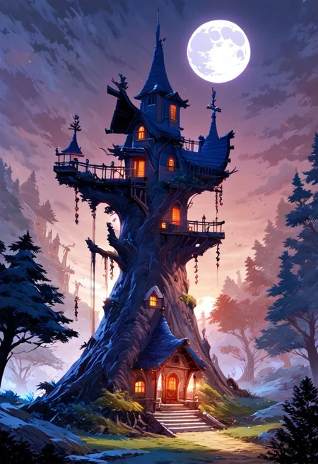 score_9, score_8_up, score_7_up, masterpiece, landscape, old forest, gnarled trees, grass, ancient houses, dilapidated buildings, shacks, witch houses, buildings, sun, epiCPhoto, long shadows, eerie, moon, bleeding moon,dancing house, house on chicken legs