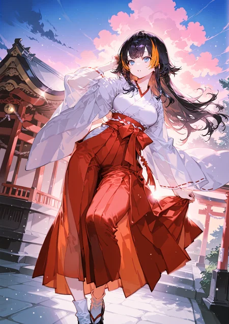zPDXL3 Real score_9, score_8_up, score_7_up, score_6_up source_anime, highly detailed, sharp, intricate details, rating_safe rating_sensitive, rating_explicit, masterpiece, best quality, good quality, bright eyes light particles lens flare amazing quality, very aesthetic, very awa, absurdres, newest,
<lora:yoneyamaiXLNBVP1lokrV6311PZ:0.5>, <lora:SagawaSDXLstyle:0.5>
<lora:nhl-001:0.4> nhl-001 film grain multicolored background  <lora:ponyv4_noob1_2_adamW:0.4>
medium breasts, dynamic pose, dynamic angle,
optical illusion, ssambatea, quasarcake, Fishine, arutera, soresaki, reoen, sanbonzakura, askzy, negative space, see-through, made of, neon light, detailed background,
long hair flipped hair
niji-petra,medium breastas,blue eyes,black hair,orange hair,multicolored hair,streaked hair,ornament,
miko, japanese clothes, obi, outdoors, japanese temple, shrine, cloudy sky, socks footwear
 <lora:niji-petra:0.7>