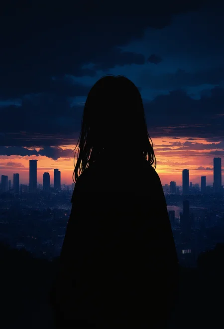 masterpiece, best quality, good quality, very awa, newest, highres, absurdres,focused subject,8k,HDR, 1girl, solo, long hair, standing, outdoors, sky, cloud, from behind, cloudy sky, scenery, sunset, city, horizon, cityscape, chromatic aberration, dark theme,limited palette,close up,painterly, 15546+456868, in the style of cknc,monmon2133,flatline