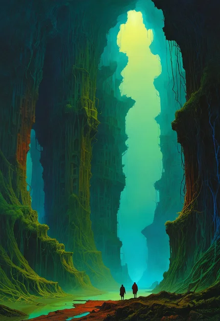 (By Zdzisław Beksinski art style:1.8), Create a breathtakingly surreal science fiction illustration of an ancient, abandoned megastructure where vibrant, iridescent flora has woven a intricate network of life, reclaiming and transforming the decaying architecture into a majestic, otherworldly landscape. Inspired by Zdzisław Beksinski's aesthetic, experiment with scale and perspective to evoke a profound sense of mystery and awe. Imagine glowing vines and ethereal plants wrapping around crumbling structures, capturing the essence of a forgotten world lost in time. Ensure every element, from the twisted metal beams to the radiant plant life, contributes to a cohesive, dreamlike atmosphere, where nature's rebirth and decay harmonize in a spectacular display of surreal beauty.