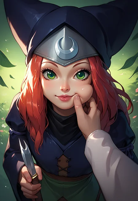 score_9, score_8_up, score_7_up, score_6_up, 22yo, tsukino, hat, long hair, red hair, green eyes, happy look, standing, holding a dagger, medieval theme, in city, add-detail-xl, cheek pinching, pov hands, puffy cheeks, tsukino \(monster hunter stories\)<lora:Pony\Style\EnergyCAT.safetensors:0.8:0.8> <lora:Pony\Character\tsukino-000001.safetensors:1.2:1.2> <lora:Pony\PinchingPOVOneHand_XLPD.safetensors:0.8:0.8> <lora:XL\Enhancer\add-detail-xl.safetensors:0.6:0.6>