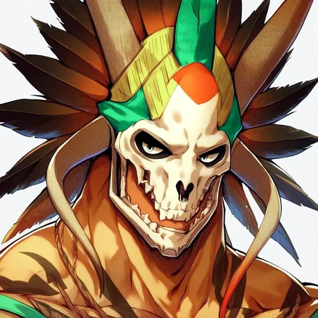 score_9, score_8_up, score_7_up, source_anime, solo, 1boy, ae_g@mela, tribal skull mask, tattooed body, muscular, portrait,