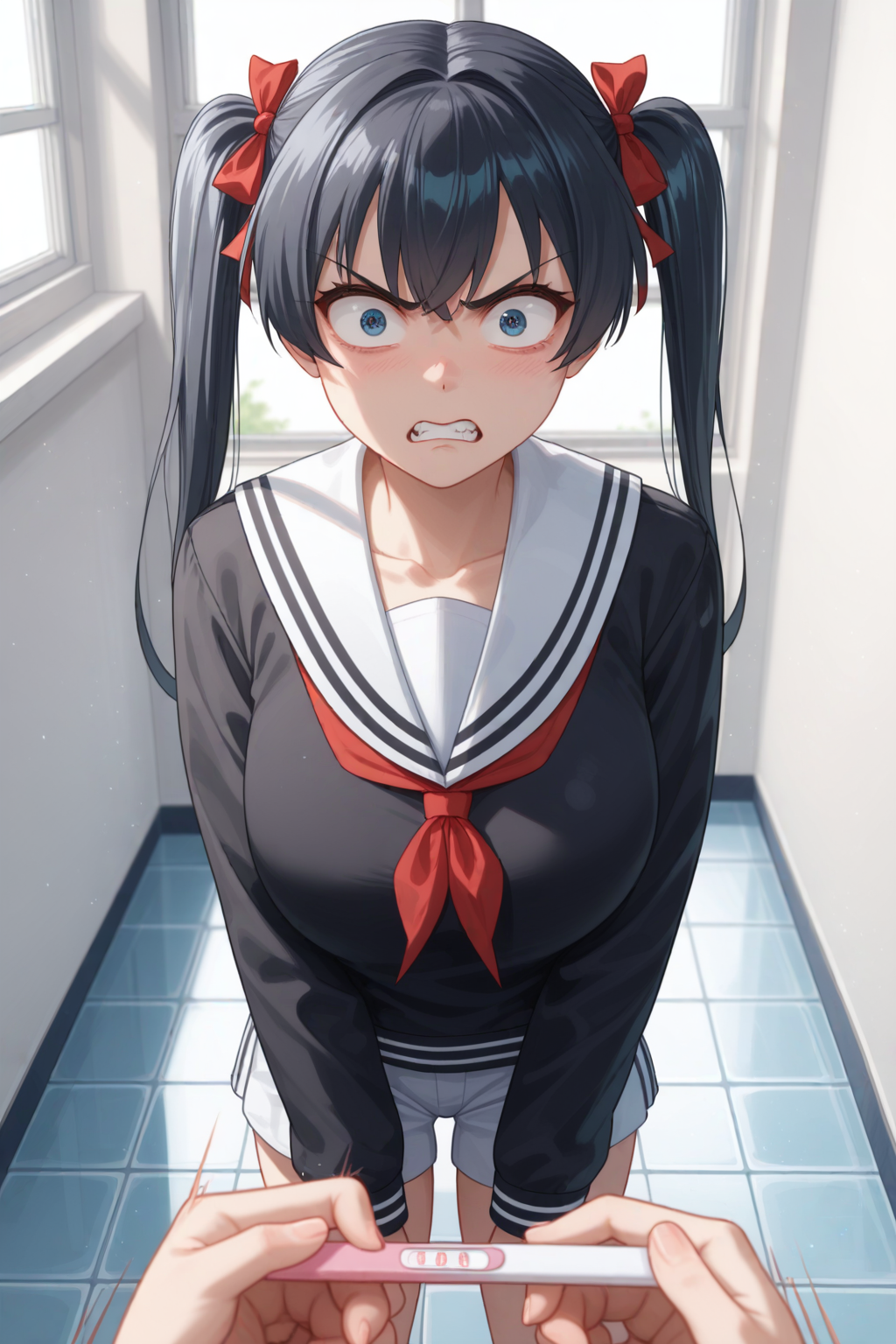 score_9, score_8_up, score_7_up, rating_explicit, medium shot, POV, looking up, 
BREAK
1girl, hair ribbons, twintails, student, black serafuku, thick, curvy, large breasts, holding pregnancy test, making fist, frown, motion lines, clenched teeth, angry, wide eyed, detailed school bathroom, tile floor, window, <lora:Pregnancy_Test:0.6>