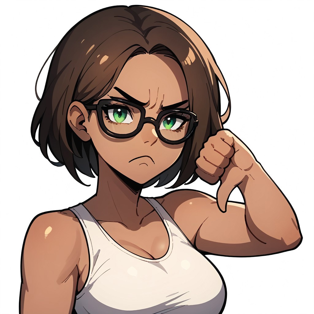 em0te art style, score_9, score_8_up, score_7_up, score_6_up, solo, female, short brown hair, green eyes, black-framed glasses, tan skin, white tank top, white background, frown, thumbs down