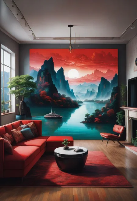 a photograph of a river flowing out of a painting on a living room wall. The painting depicts a serene river between mountains, with a ship gently bobbing in the water. The river spills over a futuristic red couch and the wooden floor, merging the world of art with reality. The living room is furnished with tasteful furniture and a warm, inviting atmosphere., cinematic