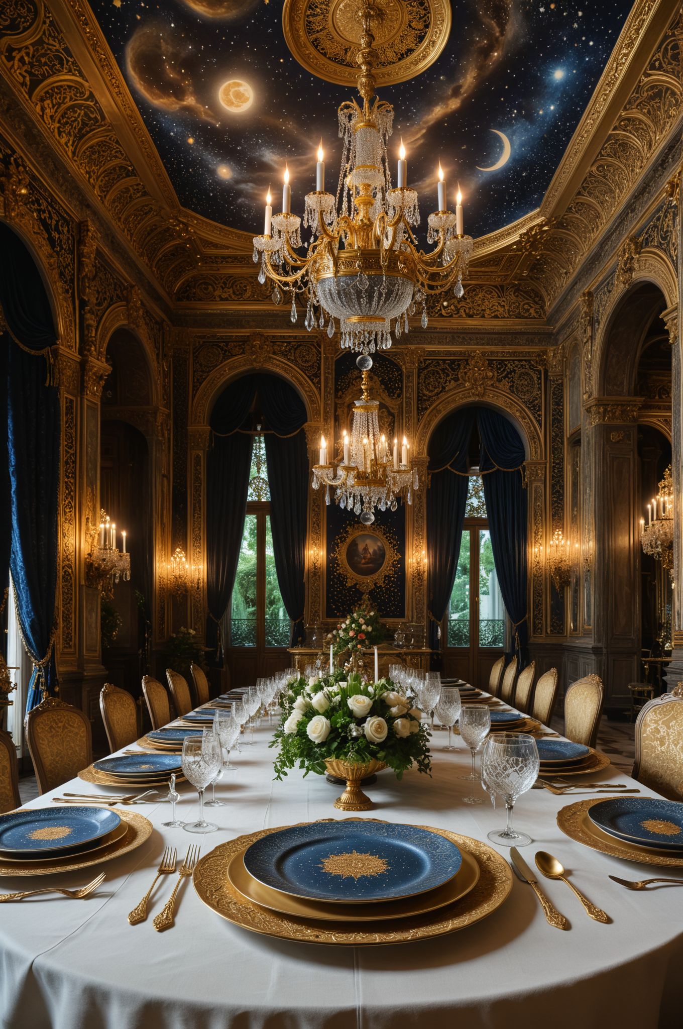 A set of intricately designed dinner plates resembling celestial bodies, arranged on a table fit for a king in a grand palace adorned with ornate tapestries and chandeliers, evoking a sense of regal opulence. 
 <lora:add-detail-xl:1> <lora:WildcardX-XL-Detail-Enhancer:0.9> 
 <lora:xl_more_art-full_v1:0.4> <lora:ral-ertmsphr:0.31> ral-ertmsphr <lora:ral-apoctvisn-sdxl:0.21> ral-apoctvisn