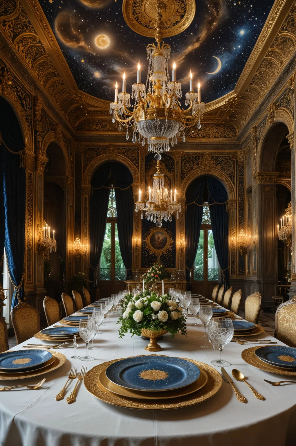 A set of intricately designed dinner plates resembling celestial bodies, arranged on a table fit for a king in a grand palace adorned with ornate tapestries and chandeliers, evoking a sense of regal opulence.
<lora:add-detail-xl:1> <lora:WildcardX-XL-Detail-Enhancer:0.9>
<lora:xl_more_art-full_v1:0.4> <lora:ral-ertmsphr:0.31> ral-ertmsphr <lora:ral-apoctvisn-sdxl:0.21> ral-apoctvisn
