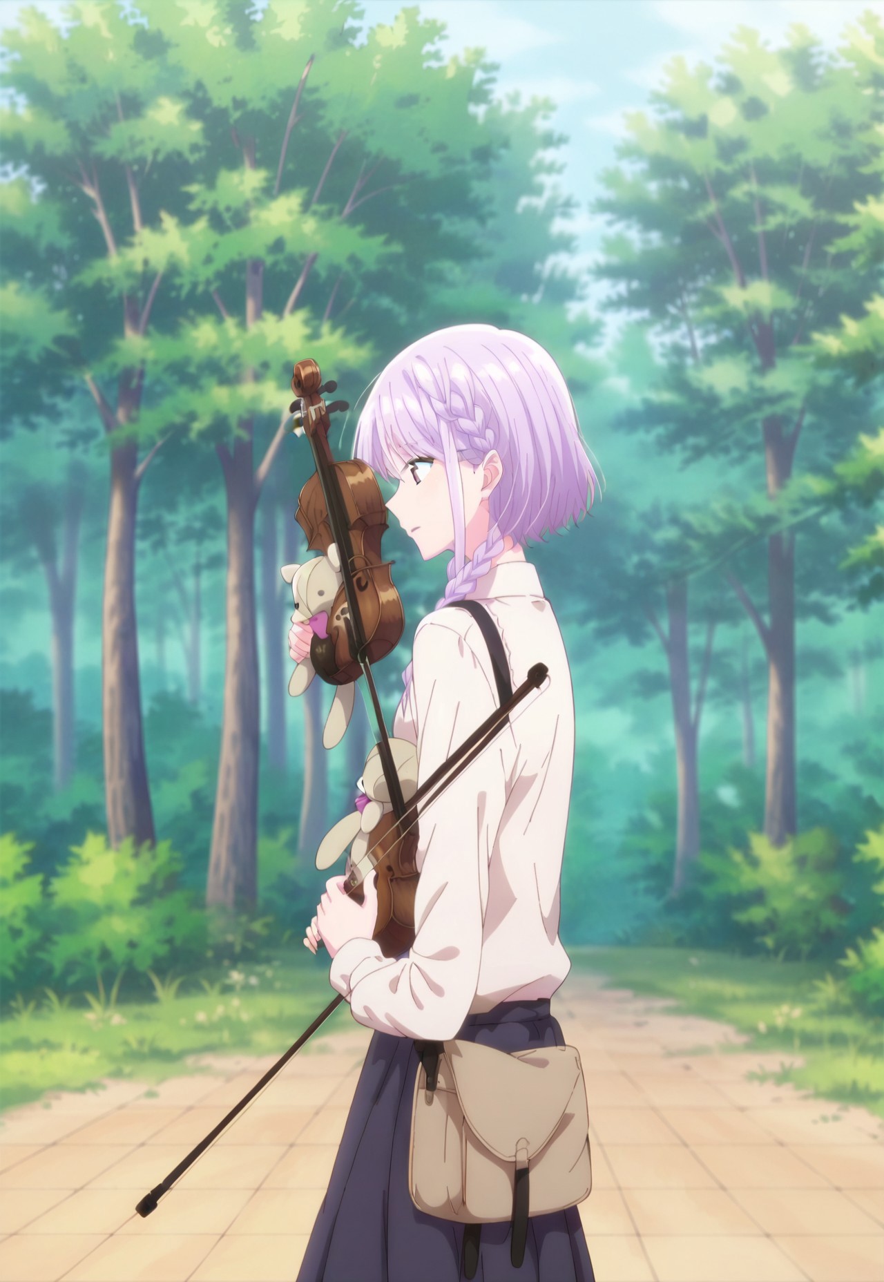 score_9, score_8, score_7, source_anime, amasawa kyou, music, playing instrument, violin, holding violin, braid, from side, long sleeves, tree, from behind, holding stuffed toy