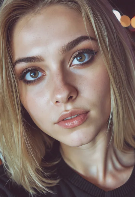cinematic still of a young woman posing for the camera in a black sweater, harsh frontal light, washed skin tones, sharp outlines, direct flash reflection in eyes, close-up at night, 2000s party vibe, compact camera look, natural digital tones, clean lighting, slight HDR feel, casual framing, realistic skin texture, default phone camera sharpness, no filter look, everyday setting, iphone photo style